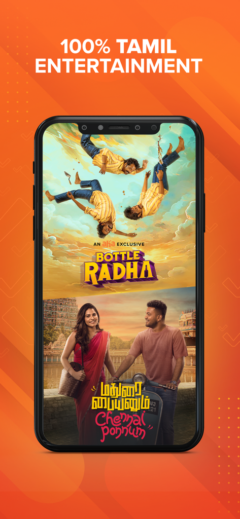 A smartphone screen displaying the aha app with Tamil movie posters and the text 100 percent Tamil Entertainment on an orange background