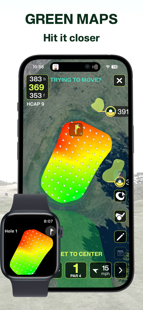 Tangent Golf: GPS Smart Caddie - Tangent Golf app green maps feature with slope heatmaps displayed on iPhone and Apple Watch.