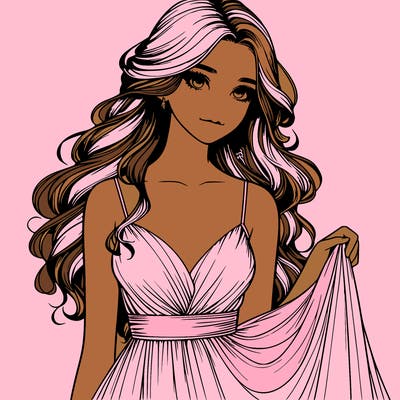 realistic girl in flowy silky prom dress