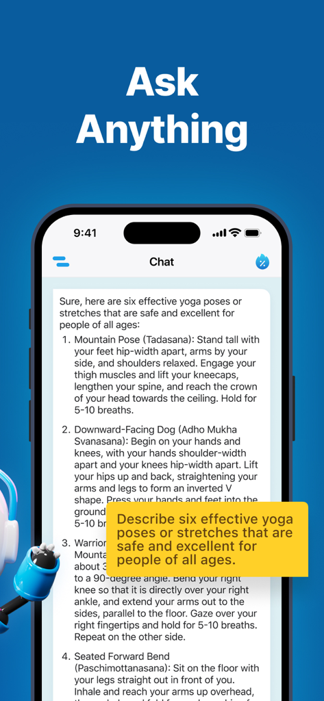 Una interfaz móvil de ChatAI Assistant que muestra una respuesta detallada sobre seis posturas de yoga seguras para todas las edades
