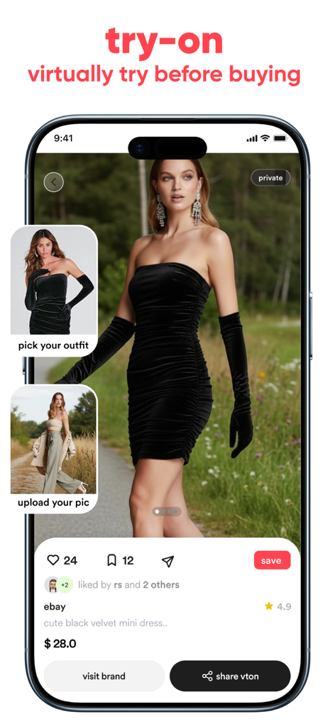 shoppin: AI discovery & try-on - Interfaccia dell'app mobile di shoppin che mostra la funzione di prova virtuale AI con una donna che indossa un mini abito di velluto nero