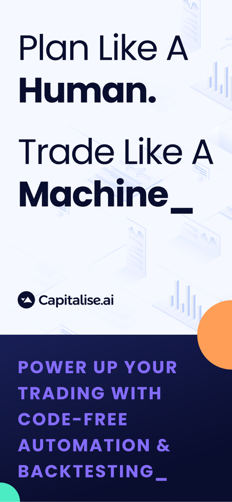 Capitalise.ai marketing screen featuring the tagline Plan Like A Human Trade Like A Machine with code-free automation and backtesting highlights