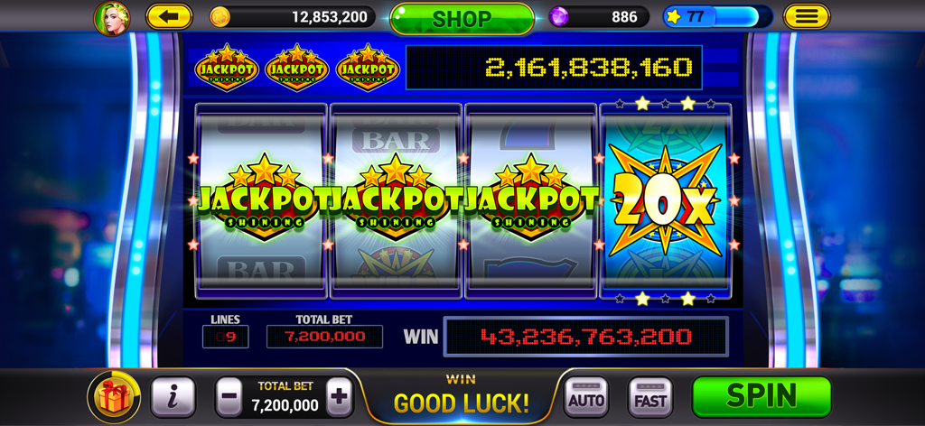 Golden City Casino slot machine interface showing a triple jackpot shining win and a 20x bonus multiplier.
