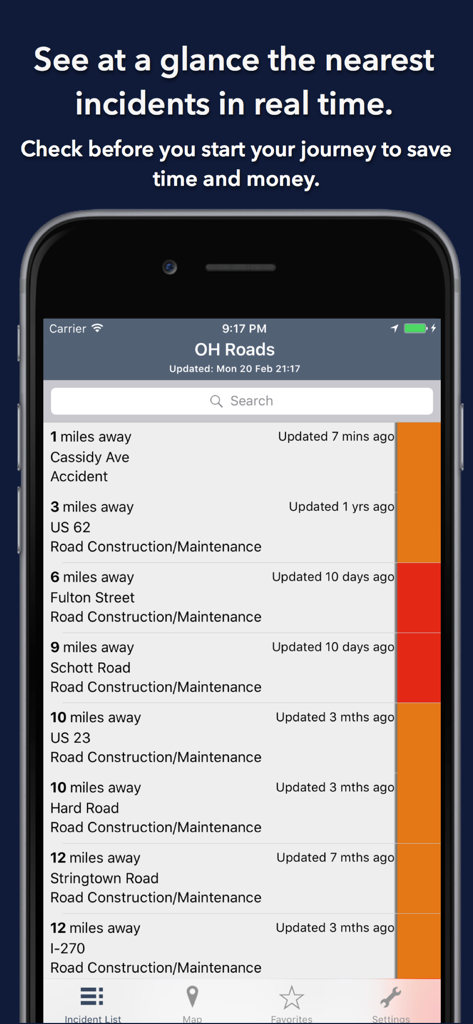 List view of real-time traffic incidents in Ohio including accidents and road construction with distance information.