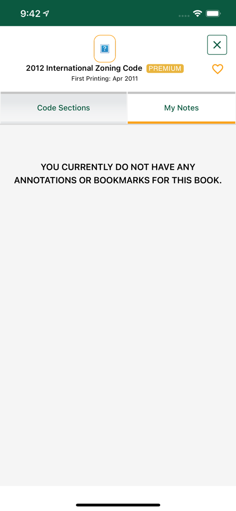 Empty My Notes and annotations section for the 2012 International Zoning Code in the ICC Digital Codes app