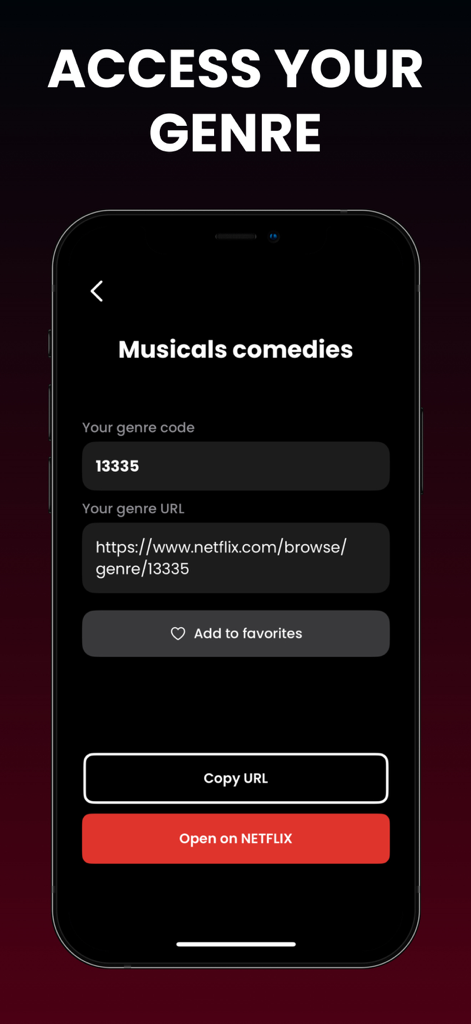 App-Oberfläche, die den geheimen Netflix-Code für Musical-Komödien mit einem direkten Link zur Kategorie anzeigt