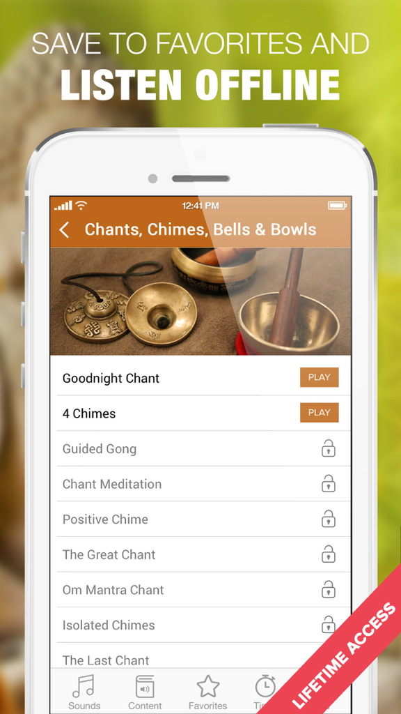 Meditation Bell, Bowls, Chants - Screenshot of a mobile app interface showing a list of meditation chants and bells with a heading that says Save to Favorites and Listen Offline