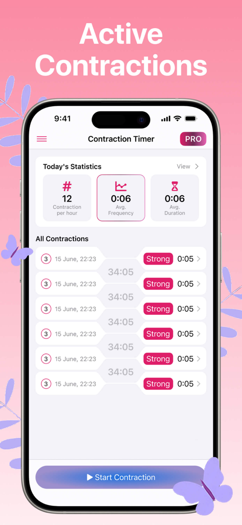 Contraction Timer app interface displaying labor statistics and history log
