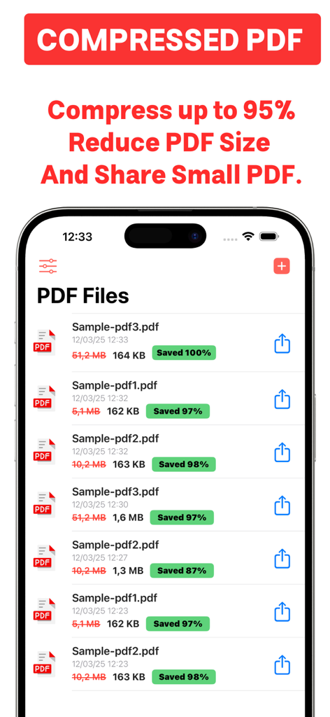 ファイルサイズ縮小の詳細を示す、圧縮されたPDFファイルのリストを表示するiPhone画面。