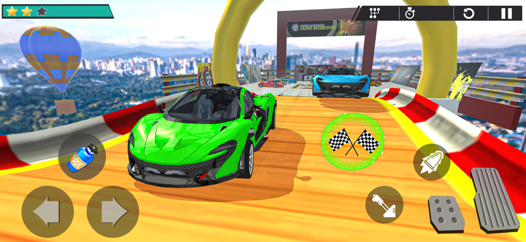 A green racing car on a stunt track high above a city with game controls visible