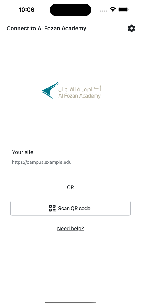 Alfozan Academy - Alfozan Academy app connection screen for campus site URL or QR code scanning