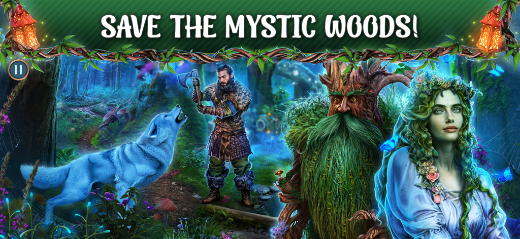 Hidden Objects: Mystic Woods - Un lobo azul, un leñador, una criatura del árbol y un guardián del bosque en el mágico Bosque Místico.