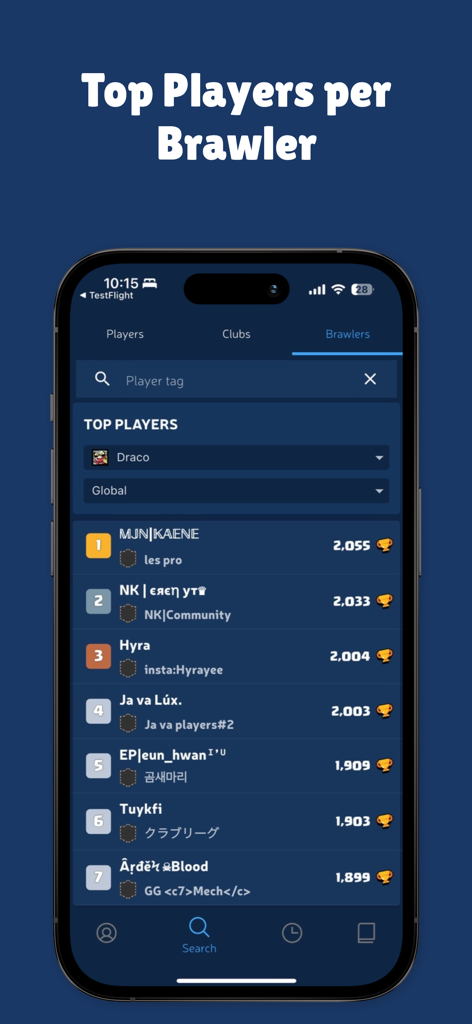 Brawl Stats app screen showing the global top players leaderboard for a specific Brawler