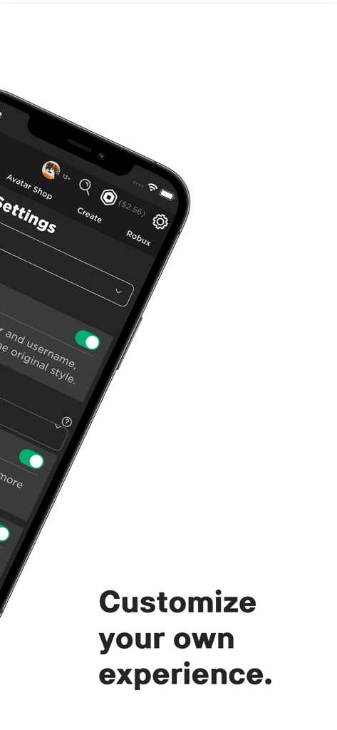 RoGold - Smartphone screen displaying RoGold settings to customize the Roblox mobile experience