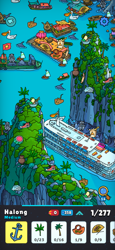 Hidden Objects - Adventure - A hidden object game screen showing a coastal Halong scene with a cruise ship and searchable items