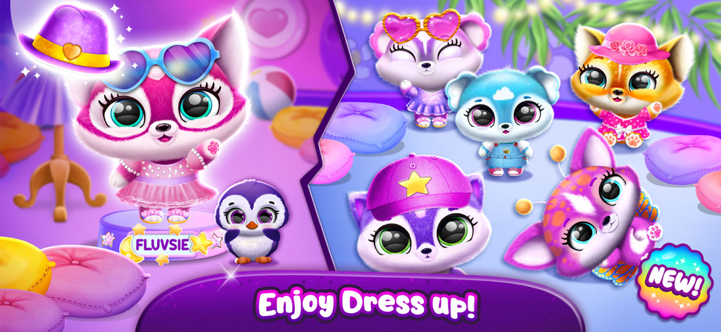 Fluvsies Pocket World - Several cute colorful animal characters wearing different outfits and accessories like hats and glasses in a dress up game.