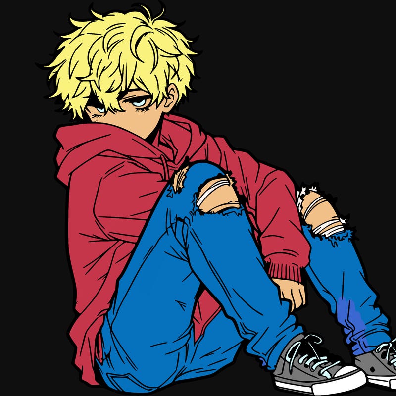 a male hoddie ripped jeans messy hair anime