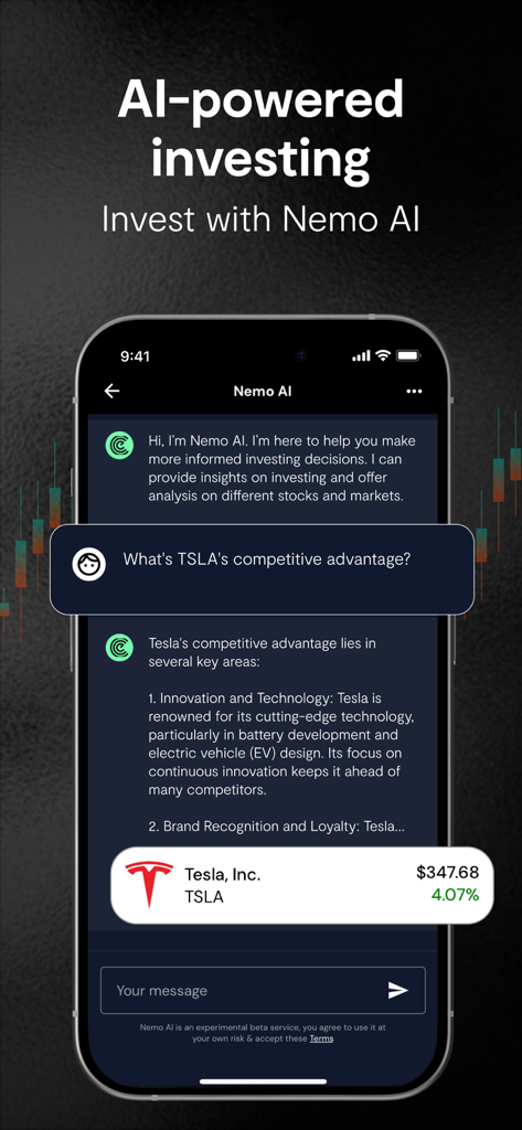 Invest & Trade : Nemo Money - Nemo Money app interface showing a chat with Nemo AI providing investment insights on Tesla stock.