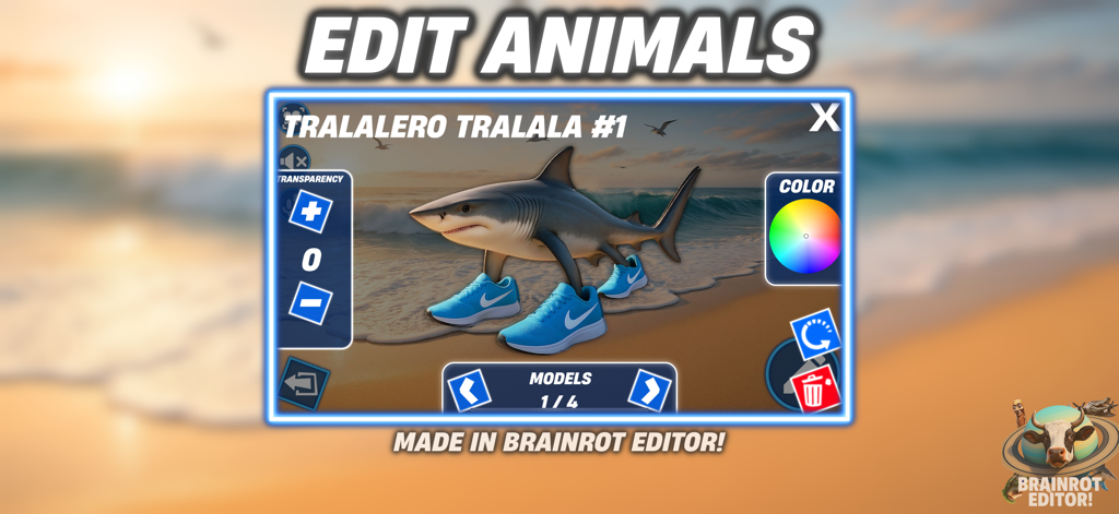 Brainrot Editor! - A surreal meme of a shark wearing blue sneakers on a beach within the Brainrot Editor app interface.