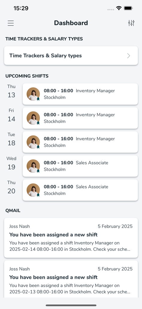 Quinyx Mobile - Quinyx Mobile app dashboard displaying upcoming work shifts and Qmail notifications