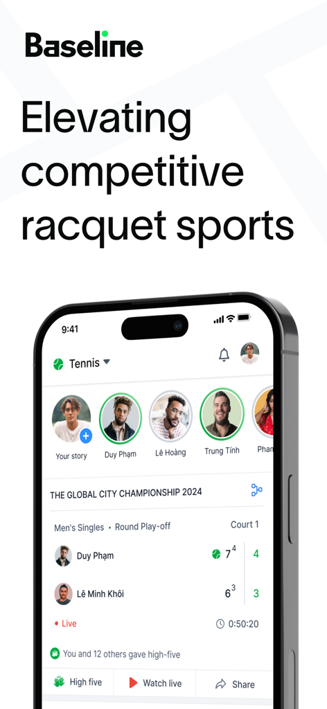 Baseline - Tennis & Pickleball - Baselineアプリのインターフェースで、テニストーナメントのライブスコアとプレイヤーのソーシャルプロフィールが表示されています