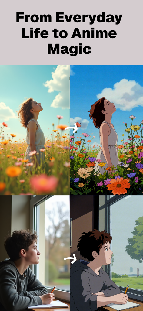 Anime Photo Filter  - Anime.ai - Comparação de antes e depois de fotos da vida real e transformações em arte estilo anime.