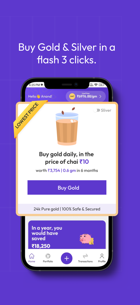 Aura app interface showing a micro-investment feature to buy gold for the price of chai starting at 10 rupees