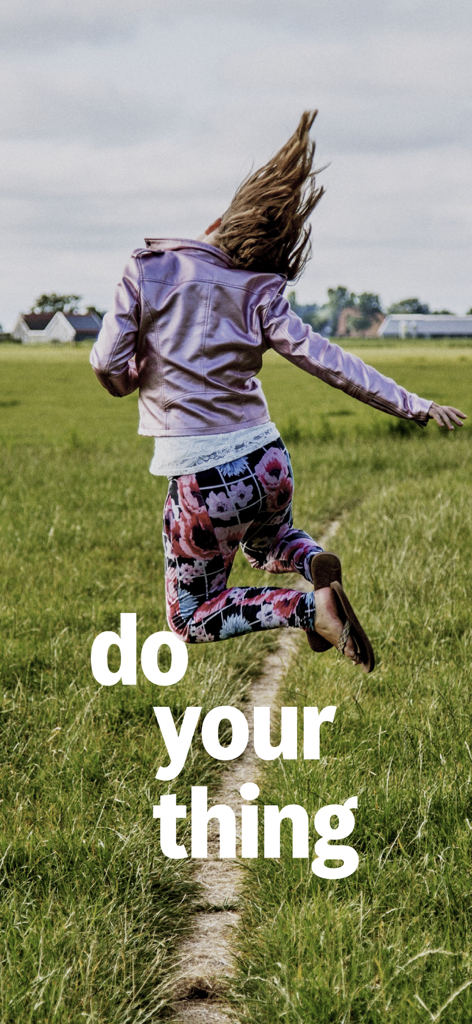 A person jumping joyfully in a grassy field with the slogan do your thing representing digital banking freedom.