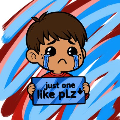 realistic crying boy with a sign saying just one like plz
