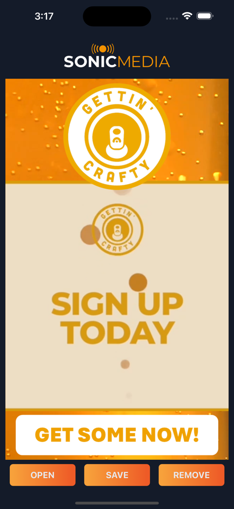 SonicMedia - SonicMedia-App-Bildschirm, der ein Gettin Crafty-Werbeangebot und eine Anmeldeschaltfläche anzeigt