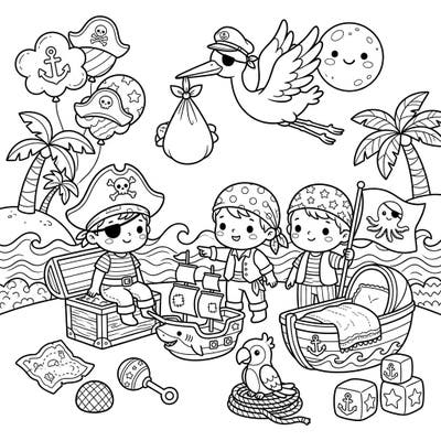 Set sail for a world of imagination with this delightful pirate baby shower coloring page, perfect for celebrating new arrivals with a swashbuckling twist. Adorable pirate children, playful ships, and sweet nursery items await your creative touch.