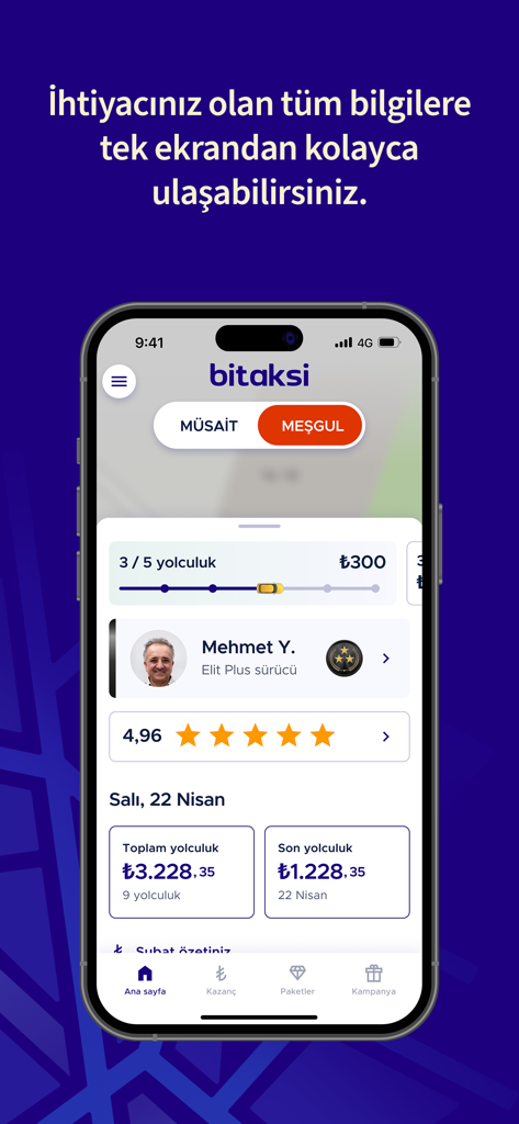 Bitaksi Sürücü Uygulaması - Interfaz de la aplicación BiTaksi Driver que muestra las ganancias y el perfil del conductor