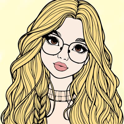 girl with long hair and freckles and glasses realistic