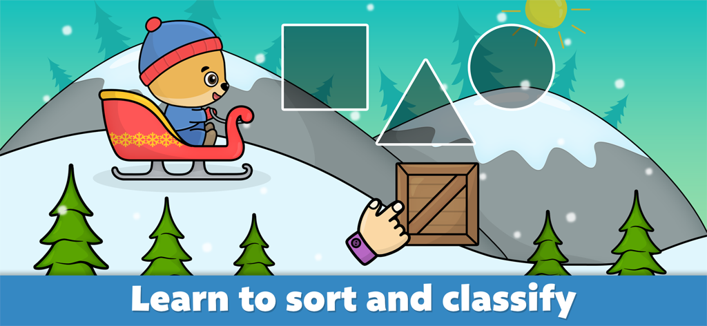 Toddler learning to sort and classify shapes in a winter themed educational game