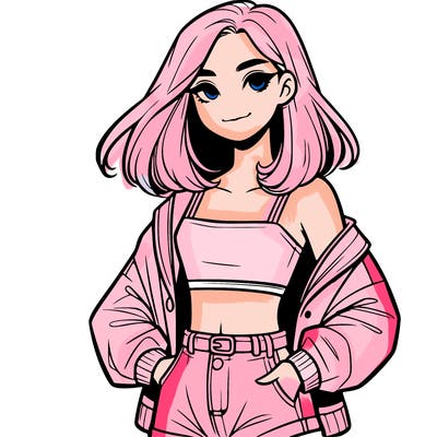 a realistic girl with a crop top and short shorts in an open jacket