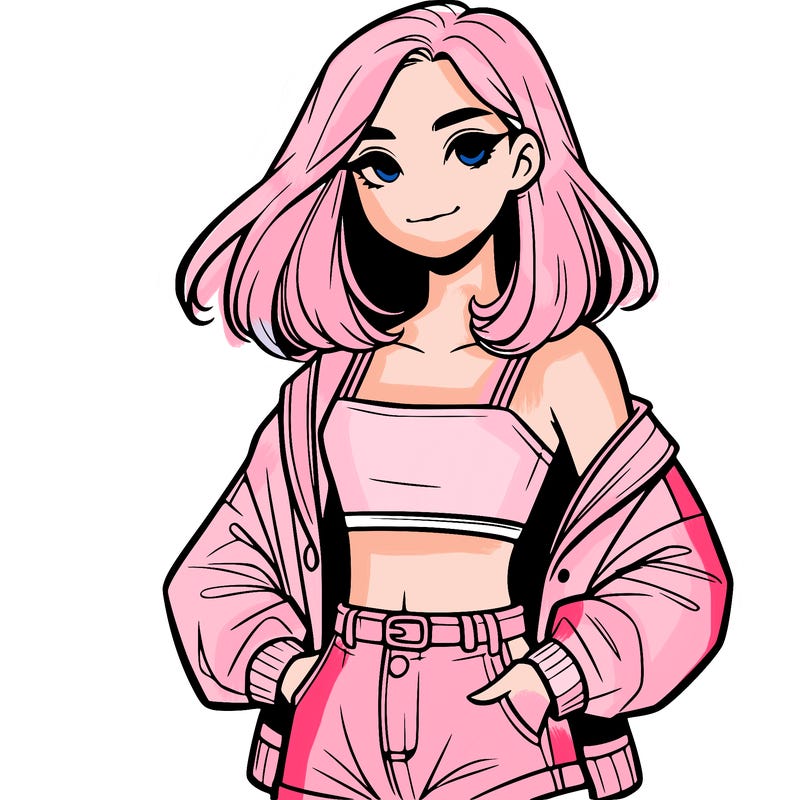 a realistic girl with a crop top and short shorts in an open jacket