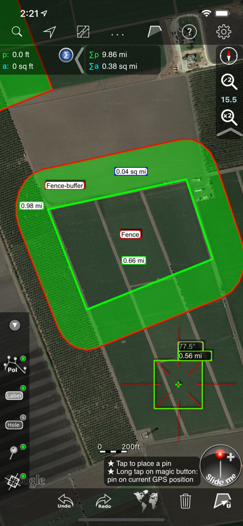 Agro Measure Map Pro - Agro Measure Map Pro interface displaying satellite imagery of agricultural land with a calculated fence buffer area and field measurements.