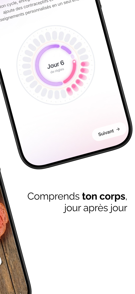 Solaia: Équilibre hormonal - Solaia app interface showing a circular hormonal cycle tracker for day six of menstruation