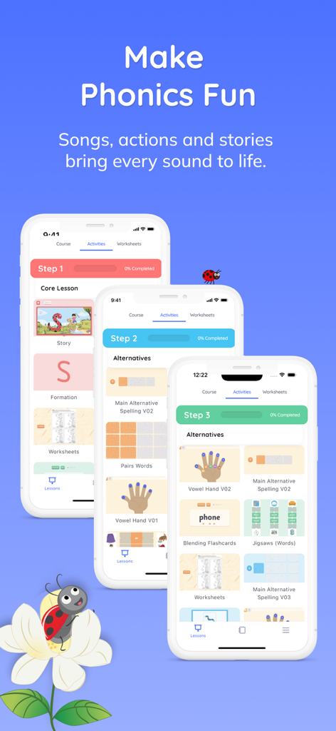 Jolly Classroom: Teach Phonics - Three smartphone screens displaying step-by-step phonics lessons and interactive learning activities from the Jolly Classroom app.