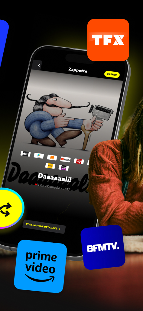 Diverto Programme TV Streaming - Application Diverto montrant la fonction Zapette pour faire défiler les recommandations de films et d'émissions de télévision avec les icônes des services de streaming
