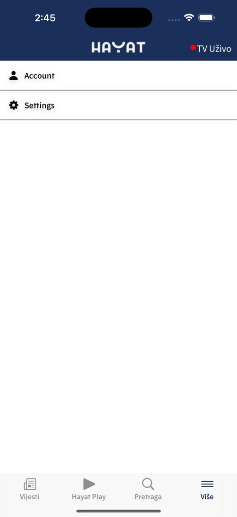 Hayat - Screen showing account and settings options in the Hayat app more tab navigation