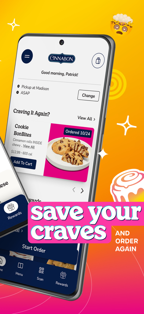 Cinnabon - Cinnabon app interface showing the reorder favorites section for quick snack pickup.