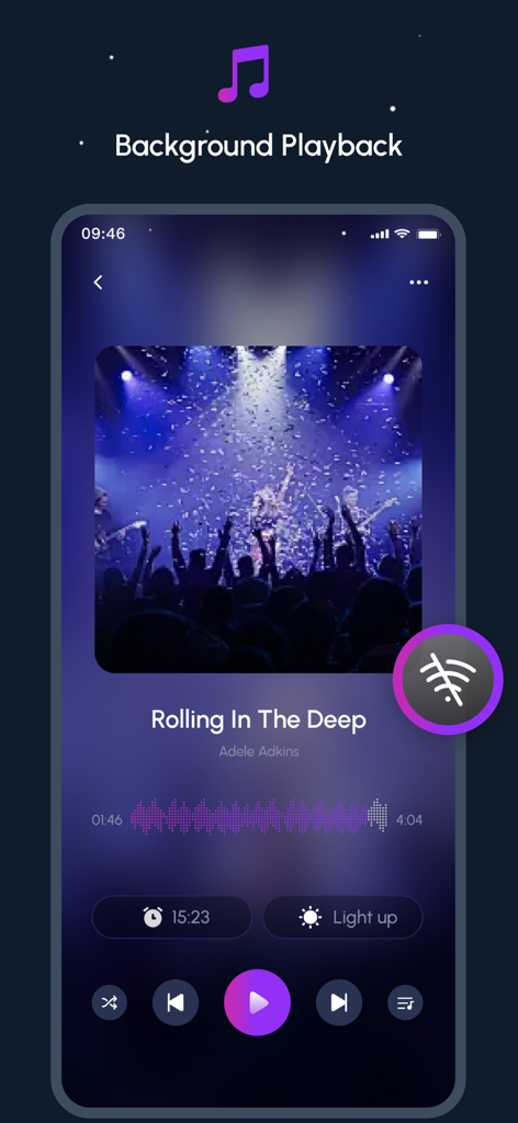 Oberfläche des eMus-Musikplayer-Apps, die die Offline-Wiedergabefunktion im Hintergrund zeigt