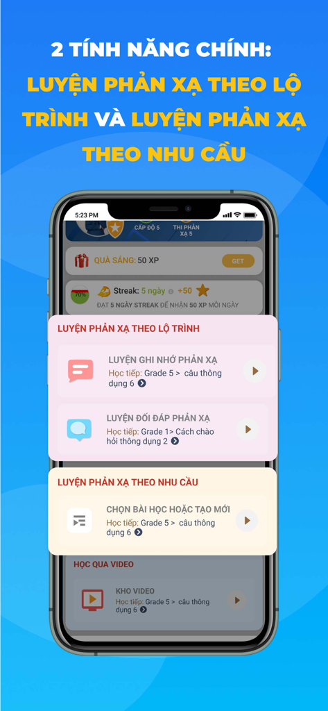 Screenshot of Lang Kingdom app interface displaying reflex practice learning features in Vietnamese