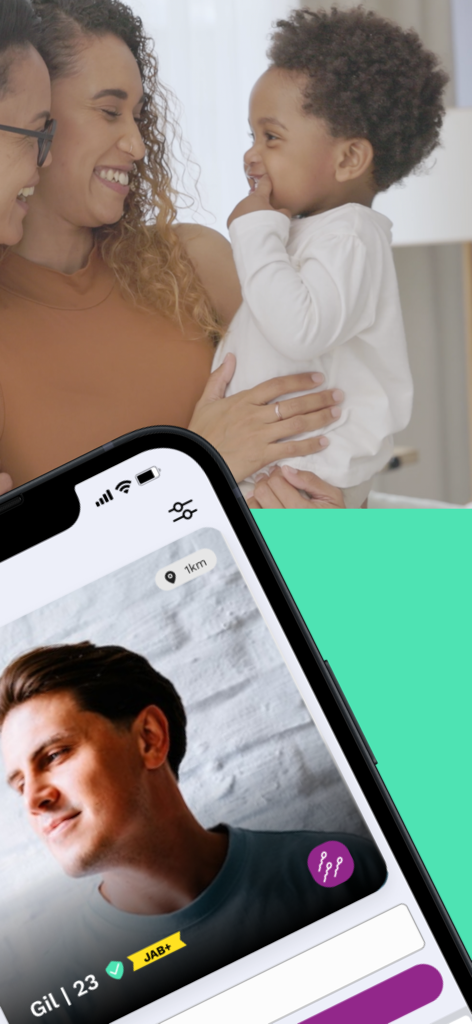 Just a Baby: Become a parent - Just a Baby app interface showing a sperm donor profile and a happy family in the background.