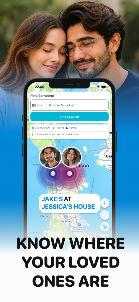 Phone Tracker by Number Locate - PhoneLoc app interface showing a real time location map with a smiling couple in the background and text saying Know where your loved ones are