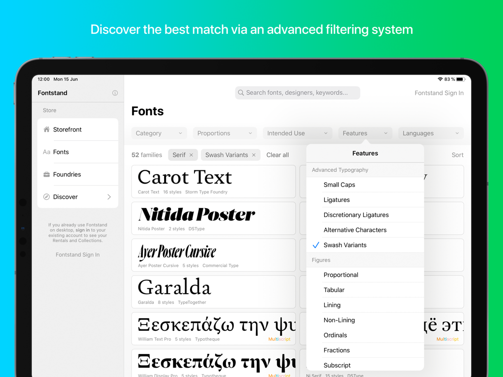 Interfaz avanzada de filtrado de fuentes de Fontstand para iPad que muestra características tipográficas como variantes de volutas y ligaduras.