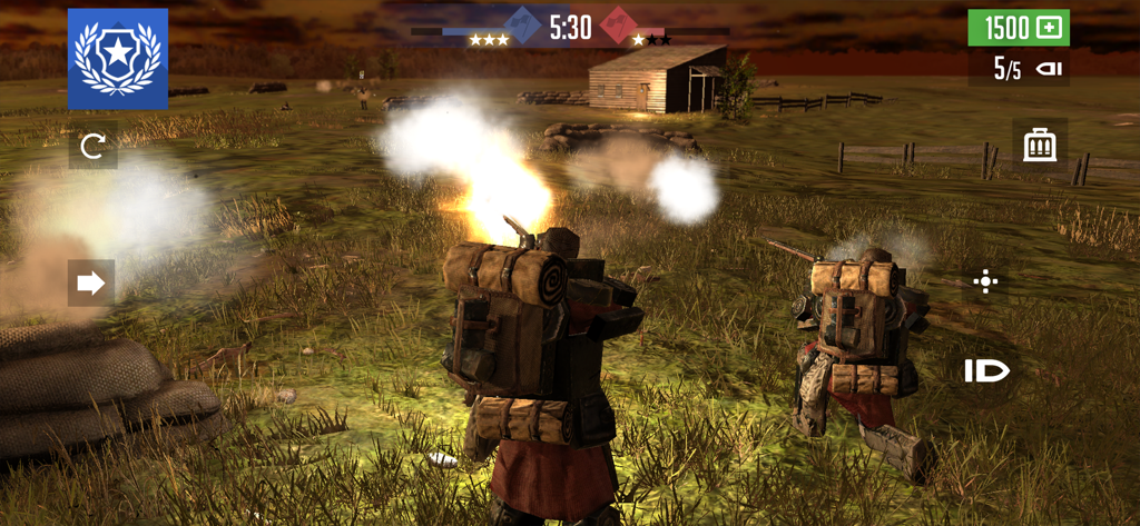 A third-person shooter scene in Noblemen 1896 featuring soldiers firing weapons on a grassy battlefield with fortifications.