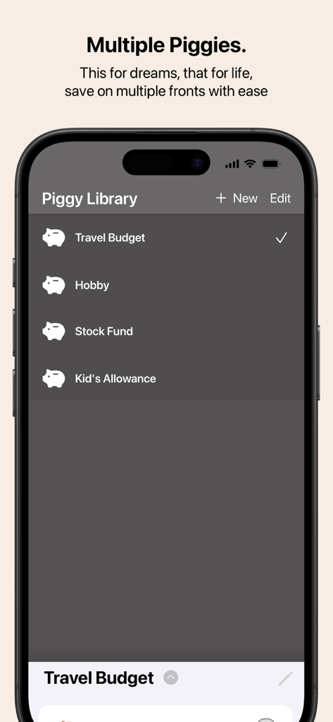 Interface showing the Piggy Library with several virtual saving categories including Travel Budget, Hobby, Stock Fund, and Kid's Allowance.