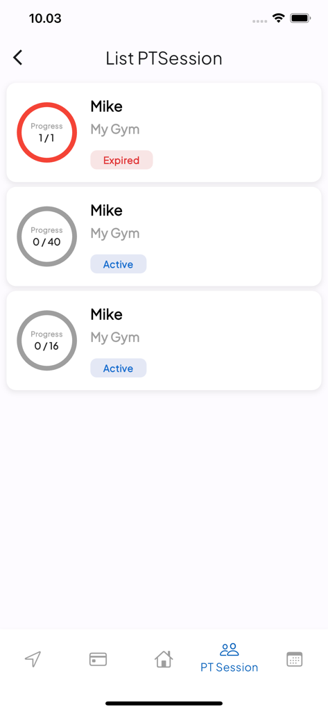 개인 트레이닝 세션 진행 상황과 상태를 표시하는 WillFitness 앱 화면